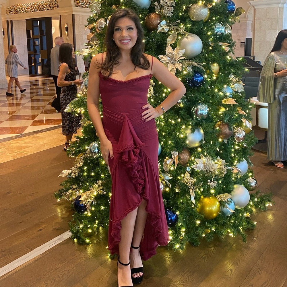 House of CB Gabbi wine ruffled front gown
